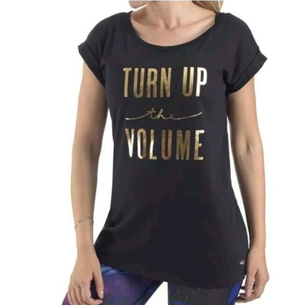 NWOT Everlast Turn Up The Volume Tee Woman's Medium Exercise Workout Black Gold